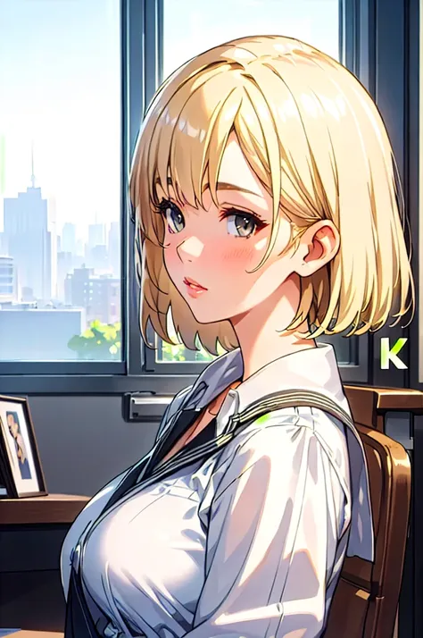 1 girl, side view, in a office, office suit, blonde, beautiful detailed white eyes, short haircut, chocker, beautiful detailed l...