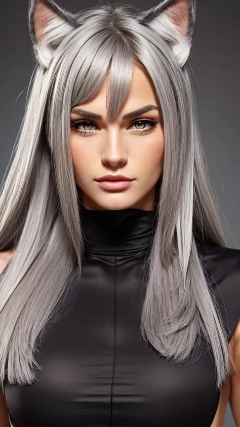 gray hair. tall athletic woman with cat ears. cat girl with. height 180cm. amber eyes. cat eye shape. rough but beautiful facial...