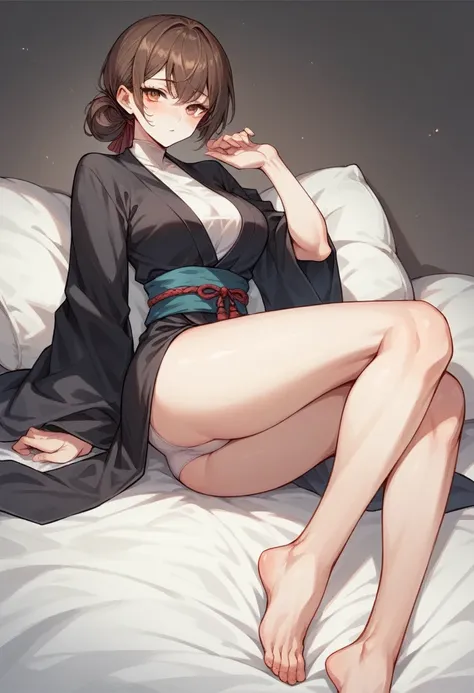 Brown hair long ninja girl　Wearing a beautiful black kimono　White underwear　White skin　tall　With bangs　Beautiful face　Thin legs　A little bit of cleavage is visible　sitting on the bed　Legs bent　Anime Style