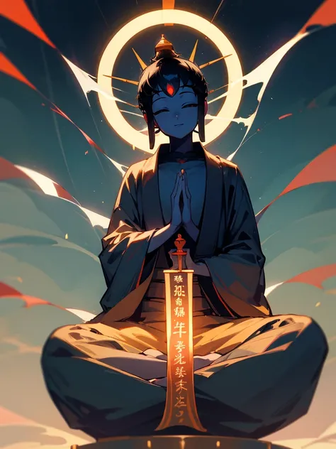 Amitabha Buddha 泣き顔 eyes closed buddha posture halo black hair hands together third eye 涙