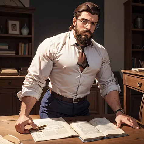 Homme aux cheveux mi-longs attachés avec une barbe de taille moyenne portant des lunettes et une blouse blanche assis à une table fumant une pipe