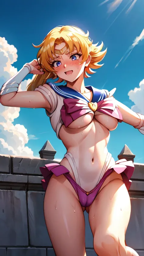 igawa, view at viewer, light smile, medium breasts,bouncing breasts,cleavage,blonde hair,bobcut, purple ,((Sailor Moon: 1.1)),(no bra,underboob:1.1),(sweat gleaming skin:1.1), outdoors,sunlight, spotlight effect,bright sky, blue sky with clouds,strong wind...