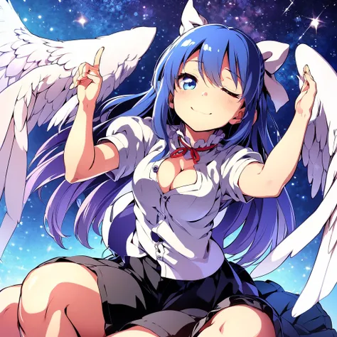 (best quality,4k,8k,highres,masterpiece:1.2), ultra-detailed, highly detailed texture, intricate details, A cute teenage angel with blue eyes, drawn in anime style, 1girl, , , 10 years old, medium blue hair, hair flaps, pink ribbon on head, well-formed fac...