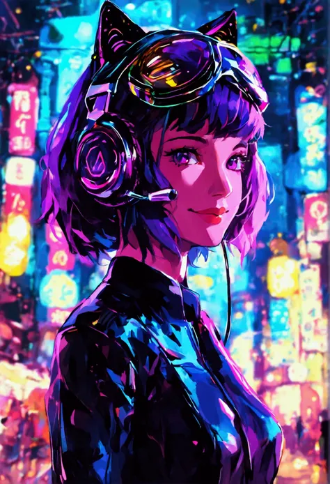 A cyberpunk-style girl of about 17 years old is standing in front of me.。Purple bob hair、Wearing cat ear headphones、Her black pilot suit-style outfit accentuates her figure.。With a proud smile、There is something cute about that expression, like a cat.。Her ...