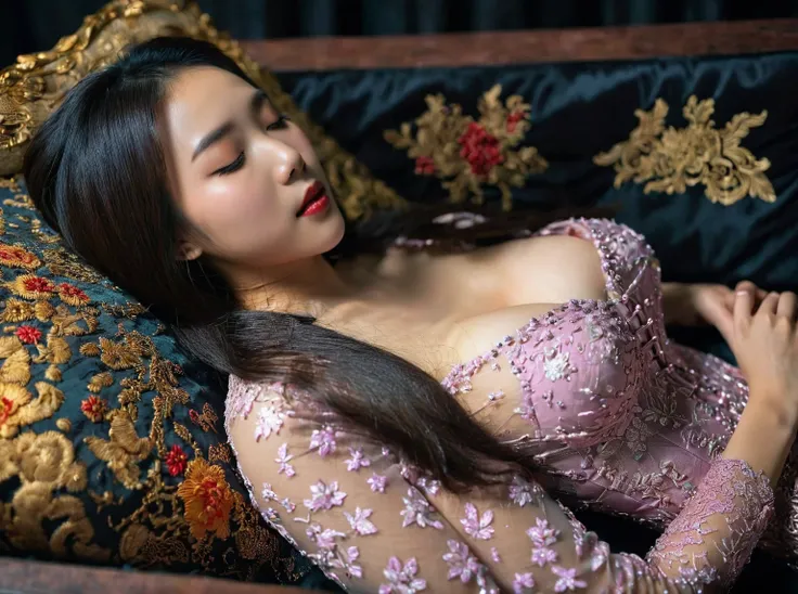 In a striking 8K HDR scene, a stunning Korean woman, 22 years old, lies peacefully in a black coffin surrounded by plush pillows. The deep box is set against a rich black background, accentuating the beauty of the subject. Her exquisite kebaya attire is em...