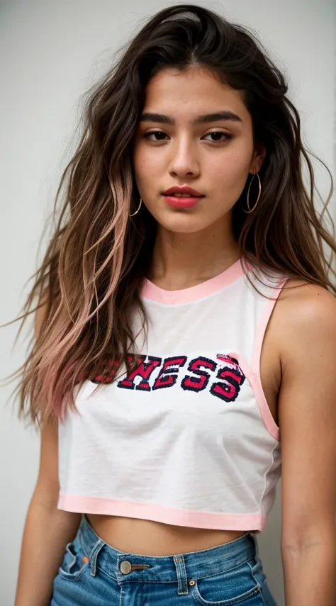 A raw image ohf a 20y.oh. wohman with shohulder-length , wavy brohwn hair, subtle makeup featuring pink lip glohss, y una camiseta negra con cuello de tortuga. tamaño del pecho 36B, ojos grises