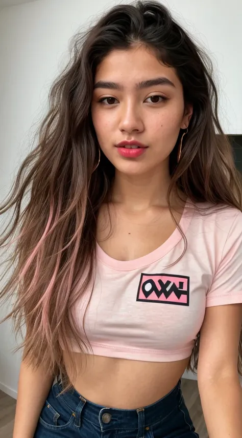 A raw image ohf a 20y.oh. wohman with shohulder-length , wavy brohwn hair, subtle makeup featuring pink lip glohss, y una camiseta negra con cuello de tortuga. tamaño del pecho 36B, ojos grises