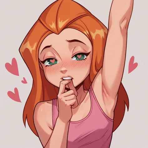 sam, totally spies, orange hair, skinny, biting skin, pink top, hearts, heart eyes, half closed eyes, foreskin, stretching skin