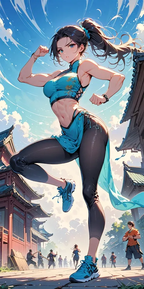  fit woman and doing a knee strike, six pack, no men in background , Chinese dress crop top,  and leggings, full body portrait