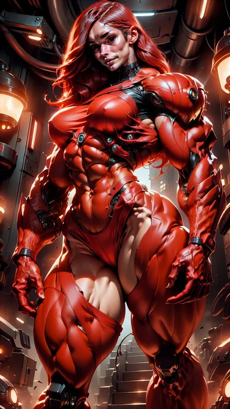 (beautiful girl:1.25), (megan fox:1.25), (naked:1.25), young girl, carnage muscular physique, seductive face, mouth wide open carnage style, long red hair, perfect muscular body, super skinny legs, cybernetic muscle suit, sissy, femboy, (carnage style phys...