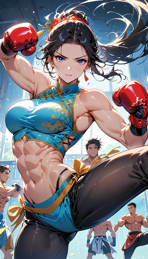 Boxing Match between muscular woman and doing a  very high kick, six pack, no men in background , Chinese dress crop top,  and leggings ,portrait, empty dojo background 