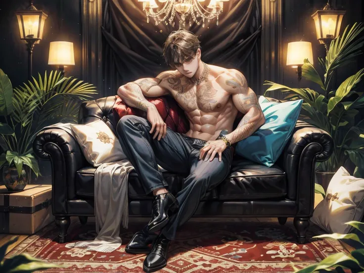 a young man, handsome, Good looking, Dark skin, have muscles,Big shape,Screenhead hair, Full body tattoo, Sit on a black sofa.