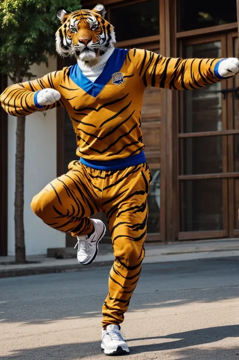 Male tiger dancing cumbia with sports clothing