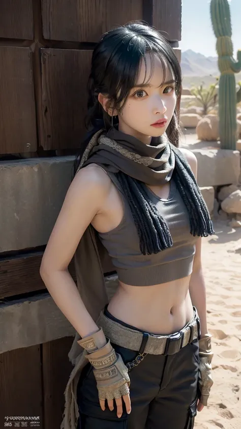 sexy top, small breast, gloves, serious face, black cargo pants, assault rifle, desert scarf, scarf covering mouth, desert oasis...