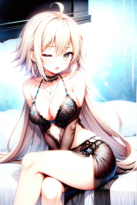 1girl,masterclass,best quality, illustration, solo, RIcos, RoyalIcingDress, ;o, one eyes closed,on bed,blush,breasts,sitting, crossed legs