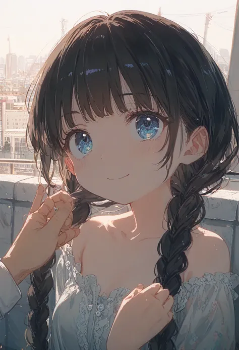 1 Female(prince,cute,cute,20-year-old,Long braids,Black Hair,Eye color: Ocean blue,、Neon color、Big eyes,Dynamic pose,,Loose-lipped,Wearing a beautiful lace dress,Poolside、panic、smile、Bitter smile、Confused,(Grab her throat),avert your eyes,look up), BREAK ,...