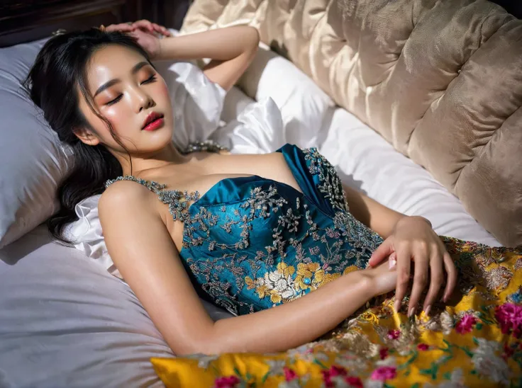 In a striking 8K HDR scene, a stunning Korean woman, 22 years old, lies peacefully in a black coffin surrounded by plush pillows. The deep box is set against a rich black background, accentuating the beauty of the subject. Her exquisite kebaya attire is em...