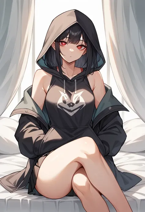 A girl with long black hair is sitting on the bed　He is wearing a long coat over a plain black hoodie with a hood　Red pupils　She is wearing a black pleated skirt　tall　With bangs　Beautiful face　Thin legs　Smooth, long, straight hair　Long and narrow face　With...