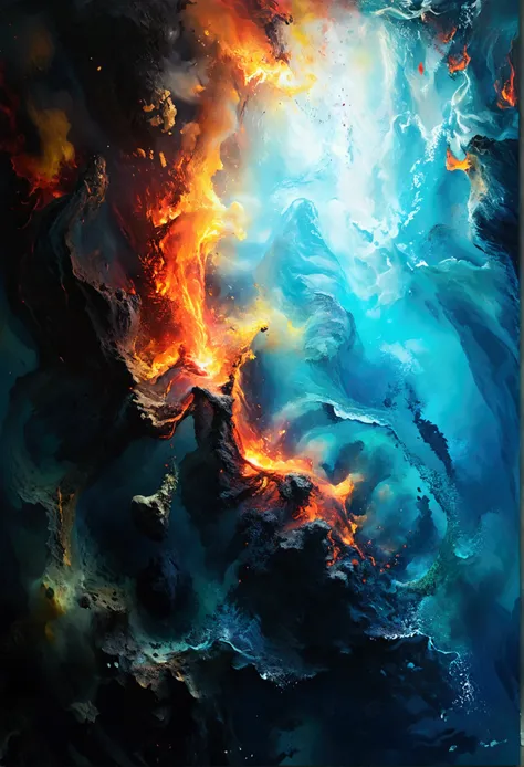 ocean floor，Undersea volcanic eruption，8K resolution, abstract painting symbolize transition from soft cozy feeling into bright explosive feeling