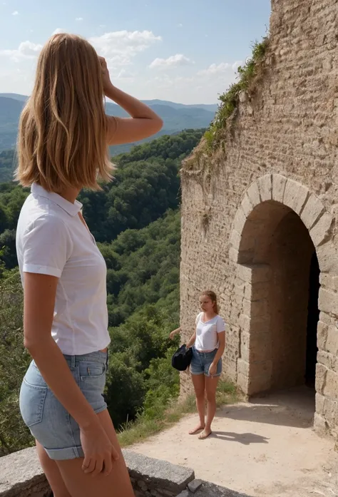 jessica, photo faite maison,granuleux,éclairage sombre, peau claire,photo amateur,(photo instagram), portant un débardeur blanc et un jean short, vus sur une montagne en arrière-plan, elle regarde lobjectif de la caméra est ce situe a une 20 de mètre du ph...