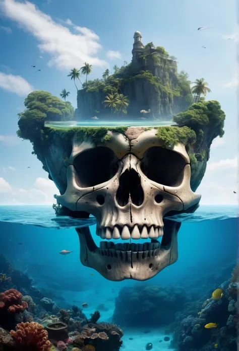 (((from below)))an island in the middle of the sea in the shape of a skull, some of which are under the sea