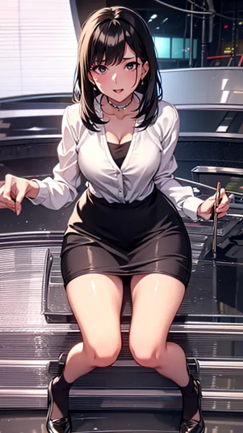 skirtlift,Black Hair,suit,White blouse,Pencil Skirt,Cleavage,From below,On all fours:1.5 News Programs,studio,Live Broadcast,Open your legs as wide as you can,M-shaped legs,orgasm