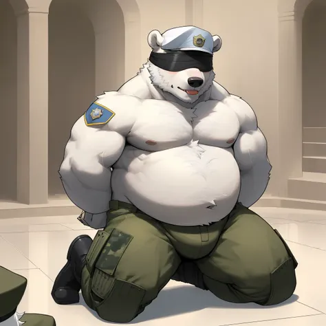 masterpiece, best quality, 8k resolution, Very detailed, hairy，(((polar bear))，(((Mature)))，(((beard))),(((fat)))，(((White hair all over body)))，(((portrait)))，(((White hair)))，(((Kneeling))),(((Blindfolded)))，(((Military cap)))，Highest quality scene，(((Hi...