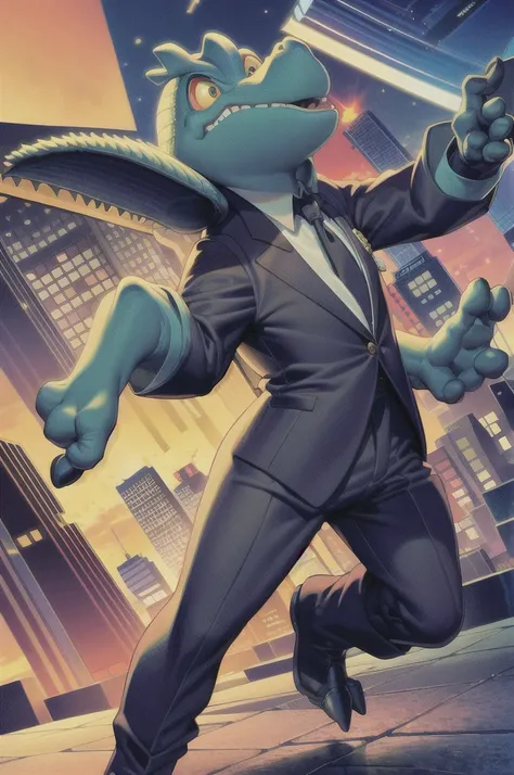 an alligator in a black tuxedo is happily trying to dance. the cityscape in the background is downtown morning