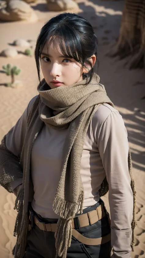 sexy, small breast, gloves, serious face, black cargo pants, shooting, assault rifle, desert scarf, scarf covering mouth, desert...