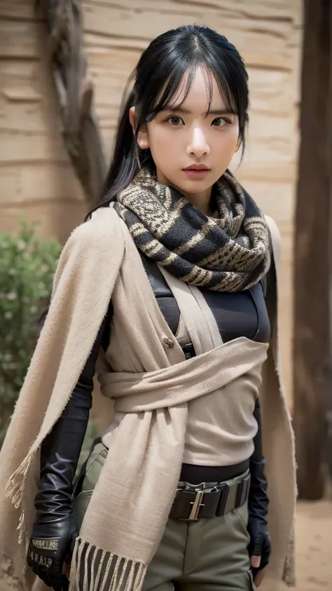 sexy, small breast, gloves, serious face, black cargo pants, shooting, assault rifle, desert scarf, scarf covering mouth, desert...