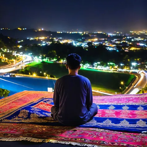 man sitting on flying carpet, bandung city at night city lights