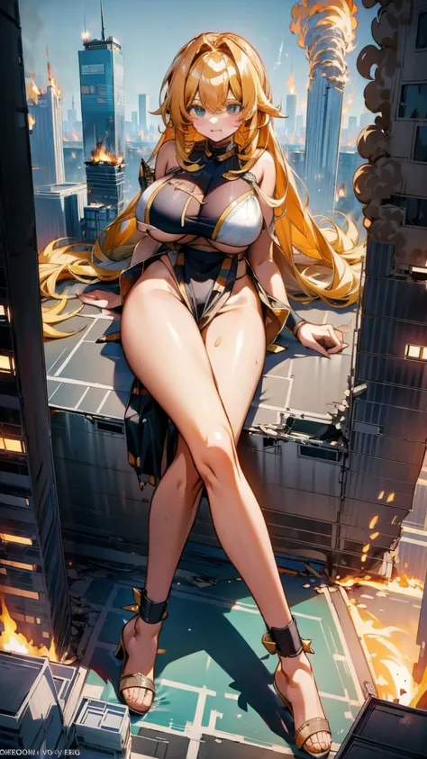 giantess with firm , long sexy legs, yellow hair and in a bikini is sitting on a skyscraper, while the city at her feet is burni...