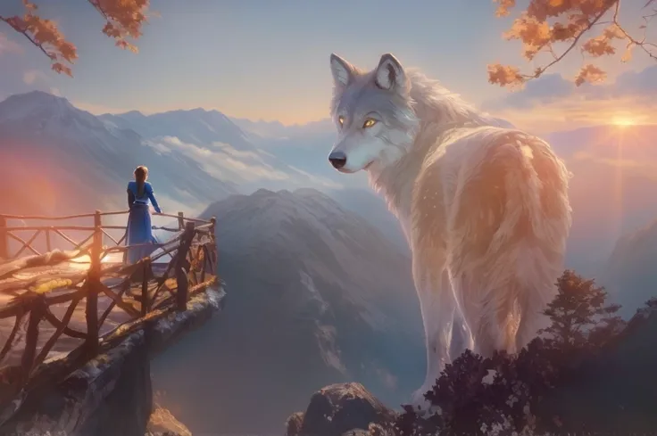 magical digital illustration, surrealism, sunset, huge wolf walk among the mountains,  turns round and looks at the girl, girl s...