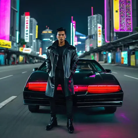 kitt1984 black car with a cyberpunk city in the background, cinematic, epic, neon glow, indonesia man 50kg 175cm black jacket