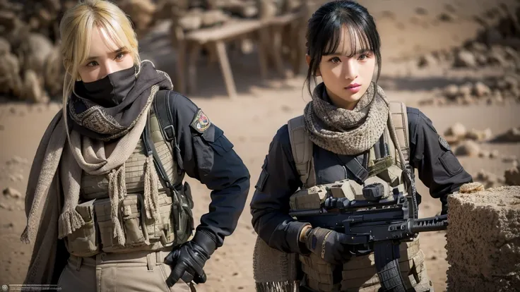 sexy, small breast, gloves, serious face, black cargo pants, shooting, assault rifle, desert scarf, scarf covering mouth, desert...