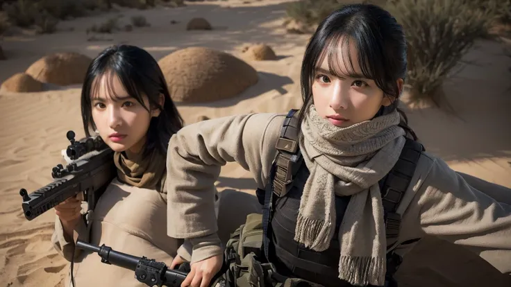 sexy, small breast, gloves, serious face, black cargo pants, shooting, assault rifle, desert scarf, scarf covering mouth, desert...