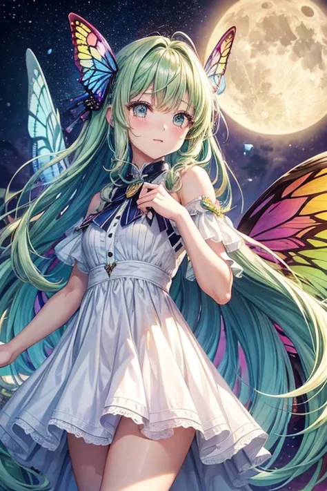 A girl with rainbow butterfly wings on her shoulders,full moon,アニメ風巻きhair,hair_Money,eye_green,White Dress,One woman,