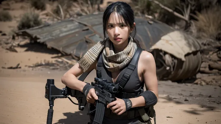 one person, almost topless, small breast, gloves, serious face, black cargo pants, shooting, assault rifle, desert scarf, scarf ...