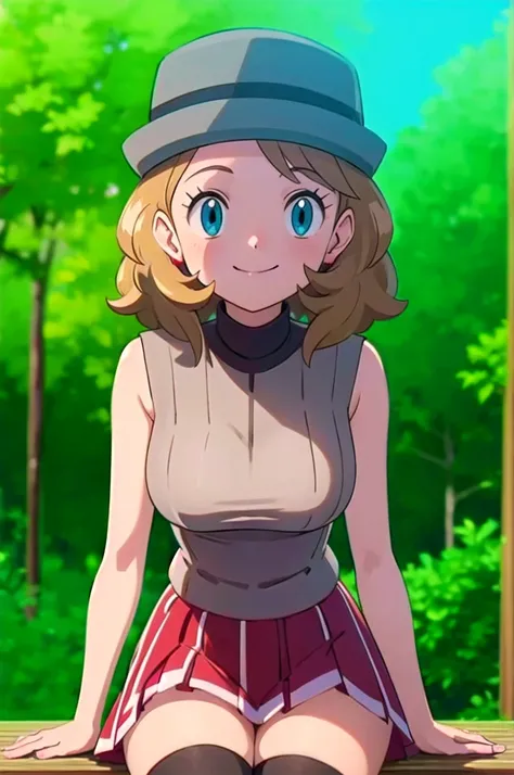 pkmnserena, 1girl, solo, blue eyes, blonde hair, short hair, bangs, hat grey headwear,
black shirt, turtleneck, sleeveless, red ...