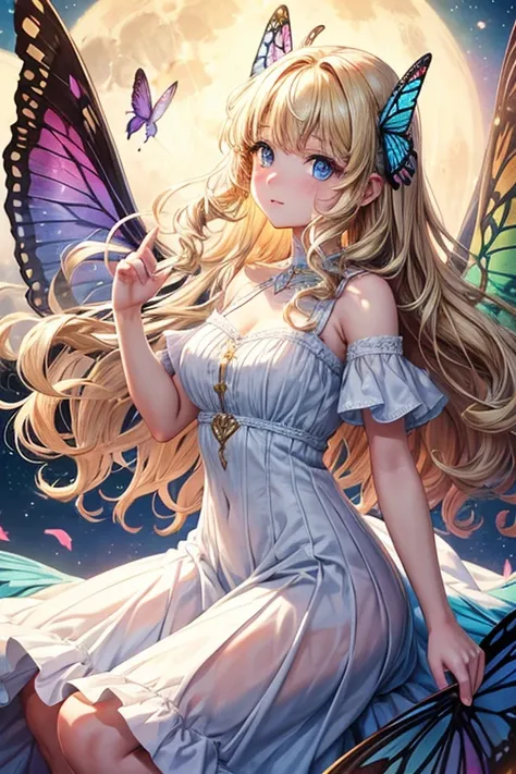 A girl with rainbow butterfly wings on her shoulders,full moon,long,Curly Hair,Vertical Roll,Blonde,blue eyes,White Dress,One woman,