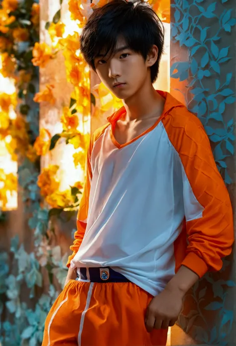 Boy in orange shirt and orange shorts and pantyhose poses for photo, Wear athletics uniform and pantyhose, Highresolution,Realstic, photos, Wearing pantyhose, Wear shorts and pantyhose, sport clothing, Asian boy (Emphasizes the luster and sheer of pantyhos...