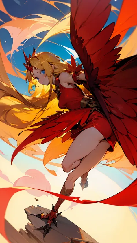 1 girl,alone,harpyie, stand,blond hair,weave, blue eyes, long hair,red feathers,wing arms,bird legs, short dress, woods,tiara