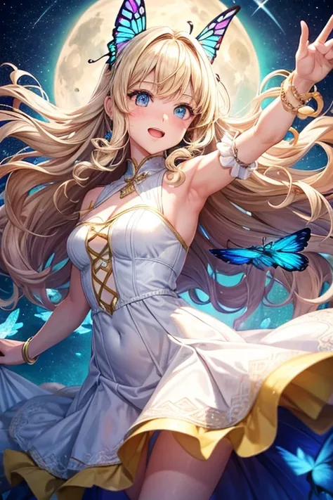 A girl with rainbow butterfly wings on her shoulders,full moon,long,Curly Hair,Vertical Roll,Blonde,blue eyes,White Dress,One adult woman,Lady,Dancing