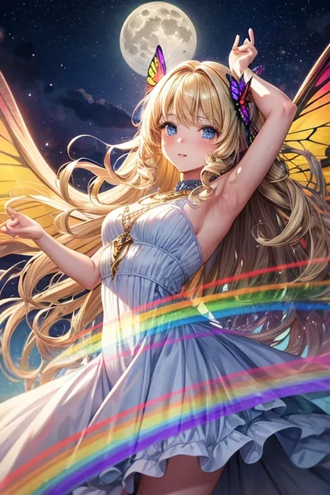 A girl with large rainbow butterfly wings growing from her shoulders,full moon,long,Curly Hair,Vertical Roll,Blonde,blue eyes,White Dress,One adult woman,Lady,Dancing