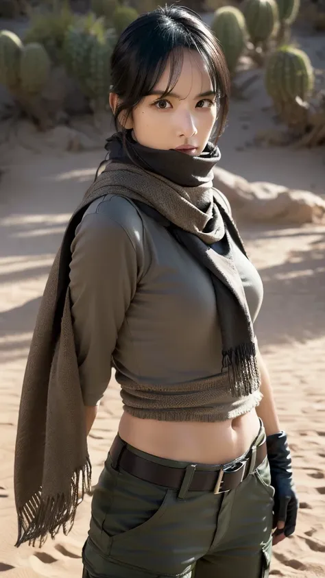 SEXY TOP, gloves, serious face, black cargo pants, combat knife, desert scarf, scarf covering mouth, desert oasis, extremely detailed eyes, extremely detailed face, best quality, extremely detailed, ultra-detailed, (realistic, photo-realistic:1.3)