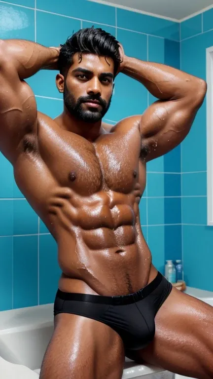 there is a handsome pehlwan indian man hunk with wider huge hairy chest, big hairy arms, wide biceps, triceps, wrist, huge wide hairy legs, thighs that is bathing in the bathroom, water dripping off him, webcam footage, ymmm and that smell, shot on webcam,...