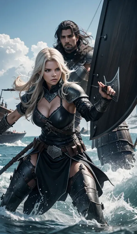 Nata Lee as a Nordic warrior with her black armor, with her shield, defending against the dredgers xhamad, in the background scenes of an epic battle