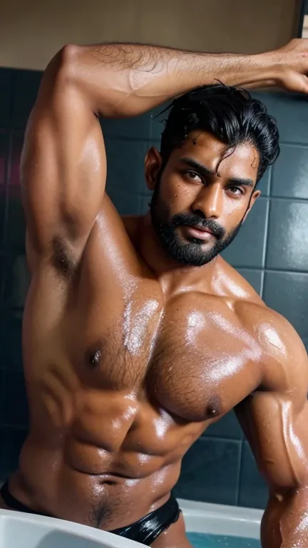 there is a handsome sexy pehlwan indian man hunk with wider huge hairy chest, big hairy arms, wide biceps, triceps, wrist, huge wide hairy legs, thighs that is bathing in the bathroom, water dripping off him, webcam footage, ymmm and that smell, shot on we...