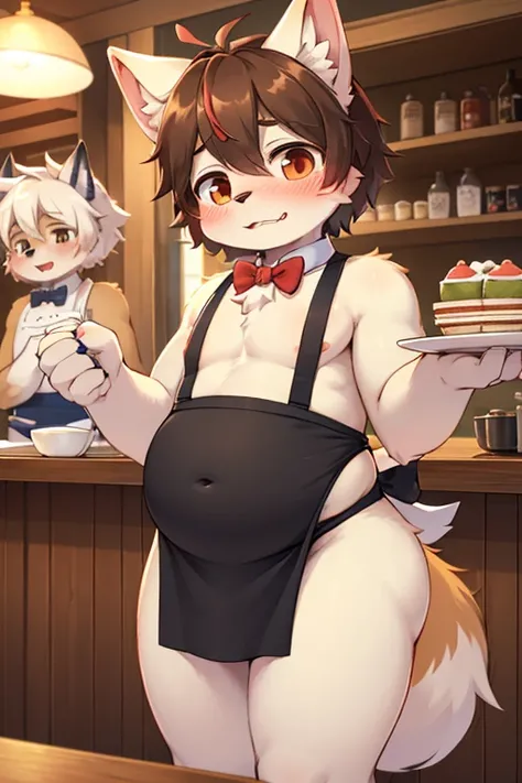 (masterpiece), best quality, perfect face, 2 topless furry shota dog boys, blushed, topless, apron, serving, navel, lined up, café, innocent boy, ribbons, bow tie, restaurant, tugging own apron, furry boys café, fat, big, ass