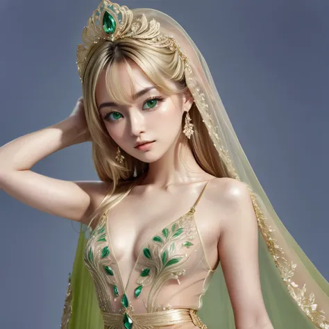 ((Highest quality)), ((masterpiece)), (detailed), （Perfect Face）、The woman was a tiare with green eyes and medium-long blonde hair, and was wearing a luxurious, shiny, gold-colored, long-slit see-through dress with gorgeous embroidery and trim, which allow...